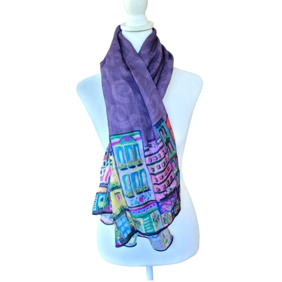 Karen Fields Accessories - Karen Fields Lightweight Scarf with City Town Print Trim Purple Women's